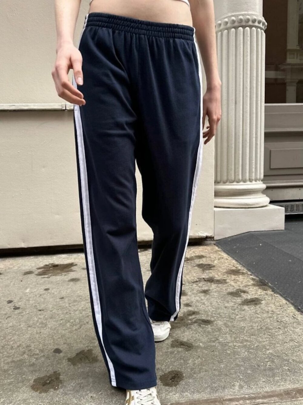 Brandy Melville Anastasia Side Stripe Sweatpants Navy Blue White Wide Leg Open